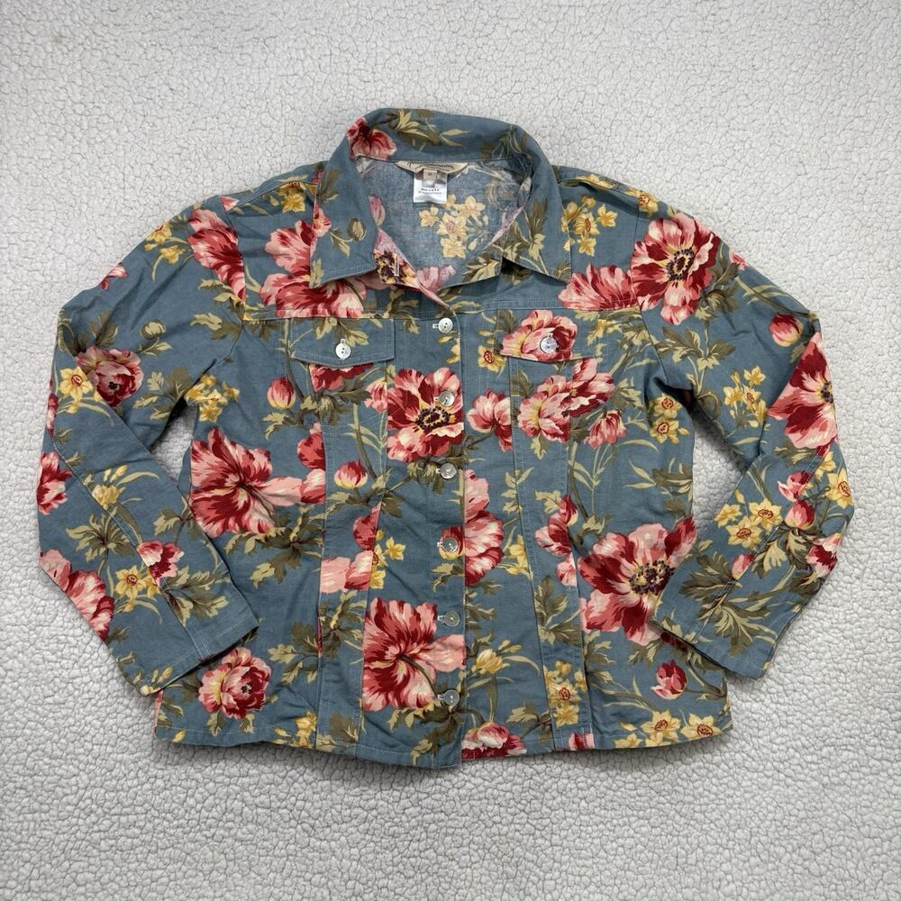 Vintage Norm Thompson Floral Chambray Denim Jacket M 100% Cotton Lightweight USA